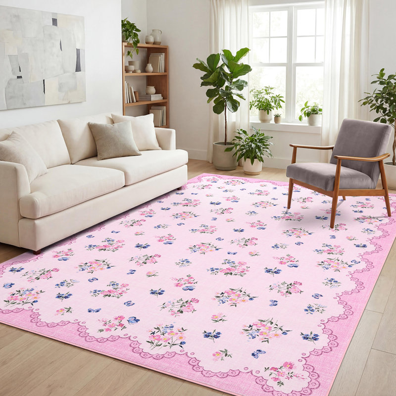 Floral Machine Washable Rug with Rubber Backing Foldable Printed Non Slip Carpet, Soft Easy Care Home Decor Floor Cover for Living Room Bedroom