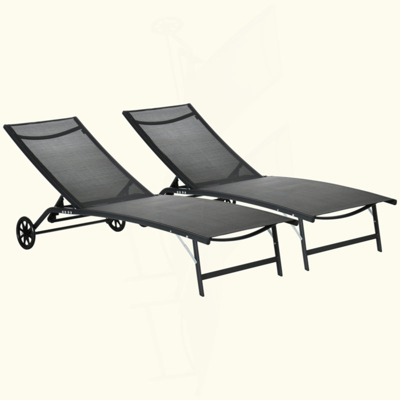 Chaise Lounge Outdoor, 2 Piece Lounge Chair With Wheels, Tanning Chair With 5 Adjustable Position For Patio, Beach, Yard, Pool