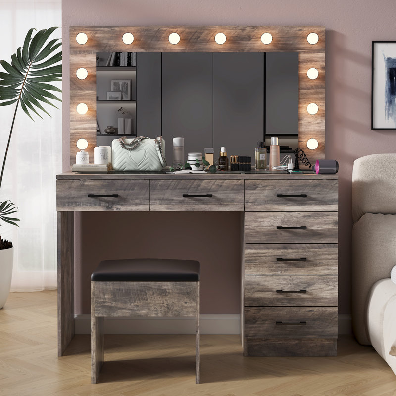 Large Makeup Vanity Set with Lights, USB & Power Outlet,7 Drawers, Gray