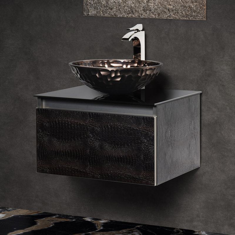 Single Bathroom Vanity with Top, Dark Crocodile, 24", Black Tempered Glass