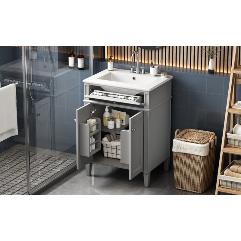 Meuble-lavabo 24 po avec 2 portes et tiroir coulissant, armoire de rangement pour salle de bain avec lavabo, portes à fermeture en douceur avec organisateurs