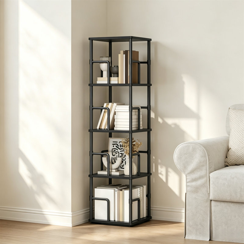 Corner Shelf, 4-Tier Rotating Bookshelf, Freestanding Corner Bookcase, 360° Rotating Book Cabinet, Industrial Style Storage Rack with Rails, for Living Room, Bedroom, Study