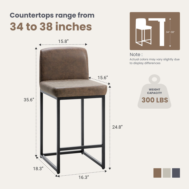 Set of 2 Modern PU Leather Bar Stools with Backrest, Comfortable Counter Stool for Kitchen & Home, Brown