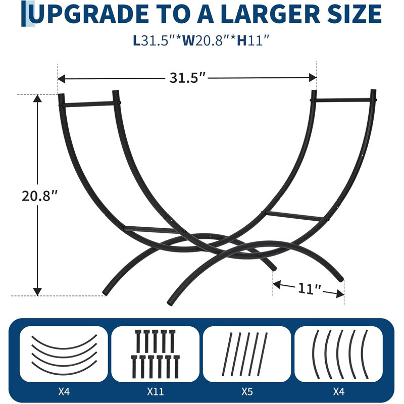 Râtelier à bûches incurvé de 79 cm avec support à bûches en métal