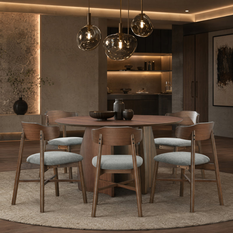 Watley Round Dining Table Set with Upholstered Chairs, Walnut, 7 Pieces: Table, 6 Chairs
