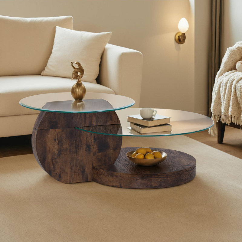 Modern Round Nesting Coffee Table with Diamond-Cut Edges Glass Top, Walnut