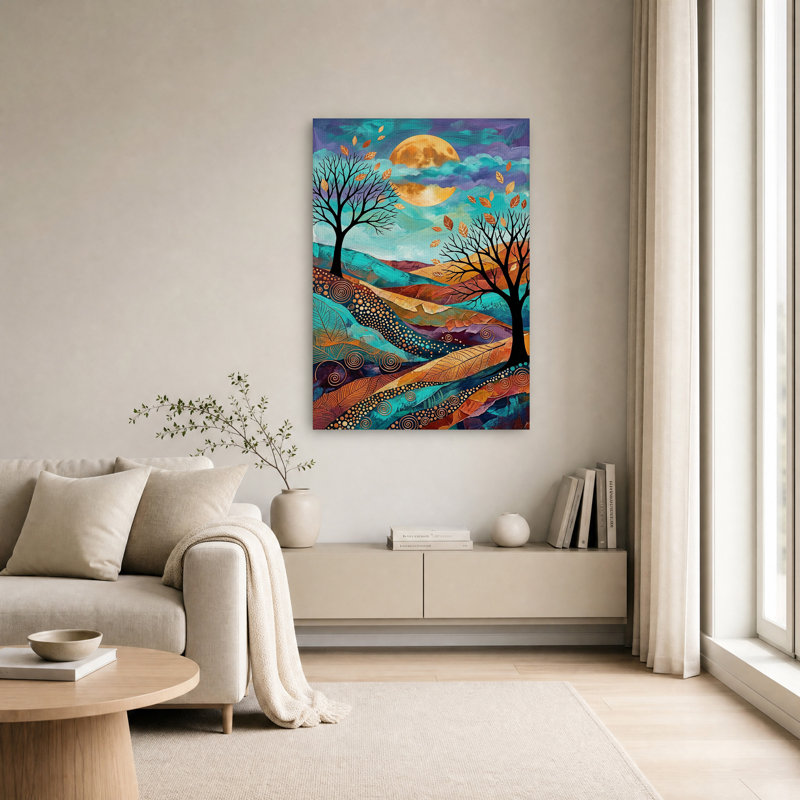 «Autumn Trees» et «Orange Moon» sur toile de sarcelle Hills, art mural, 30"H x 20"W