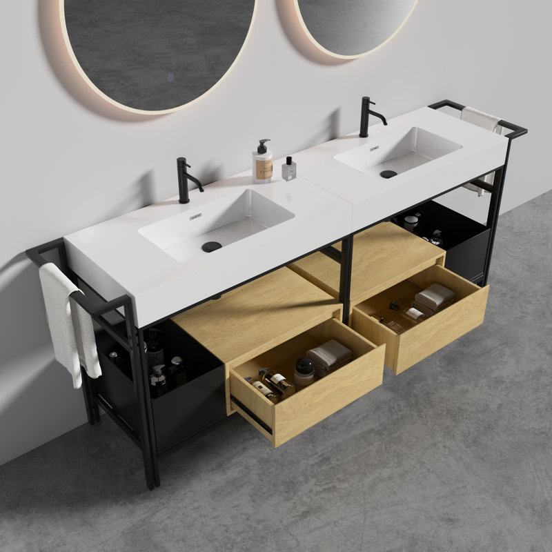 Meuble-lavabo modulaire de style industriel de 72 pouces avec barre porte-serviettes réglable, quincaillerie élégante et bords arrondis lisses, matériau en quartz, tiroir à fermeture douce de 72,24 pouces de profondeur, lavabo artistique de 5,1 pouces de profondeur.