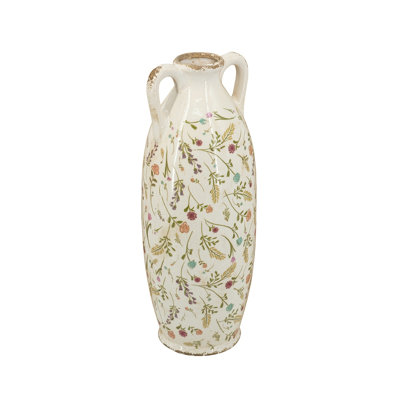 Decorative Ceramic Amphora Vase with Multi-Colored Floral Motif and Handles