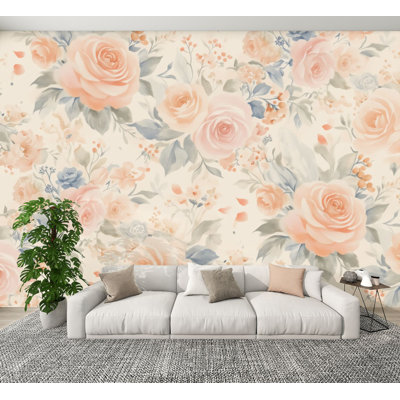 Peel and Stick Wallpaper Vintage Peach Blush Floral Green Leaves Wall Murals 69"H x 96"W Removable PVC Wall Paper Self-Adhesive Wall Decor for Bedroom Living Room Sofa Background
