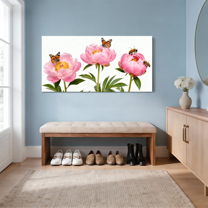 Ensemble de 1 tableau sur toile tendue représentant des pivoines avec des papillons et des abeilles, H 20 po x l 40 po