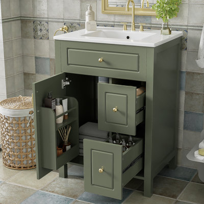 Meuble-lavabo de 24 pouces avec lavabo en céramique, 1 porte à fermeture en douceur, 2 tiroirs à fermeture en douceur et 2 supports de rangement sur la porte