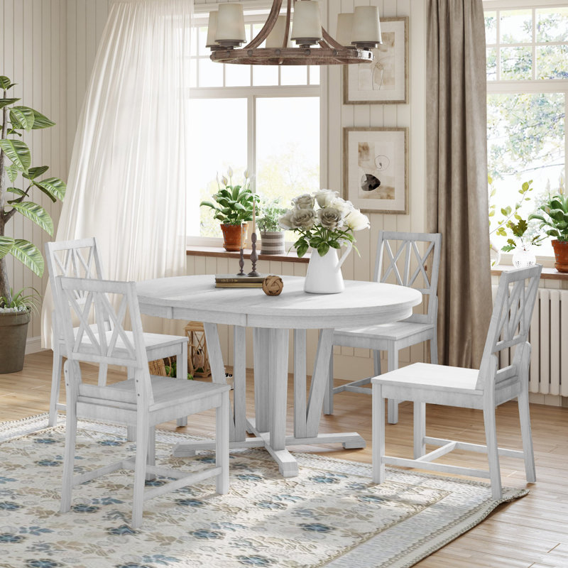 Rustic 5-Piece Extendable Dining Table Set Round Trestle Table And 4 Cross Back Dining Chairs For Kitchen, White, Gray, Beige