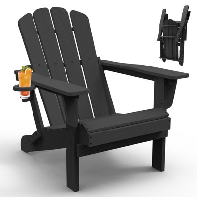 All-Weather HDPE Folding Adirondack Chair Outdoor Patio Fire Pit Chair with Cup Holder by Rosecliff Heights