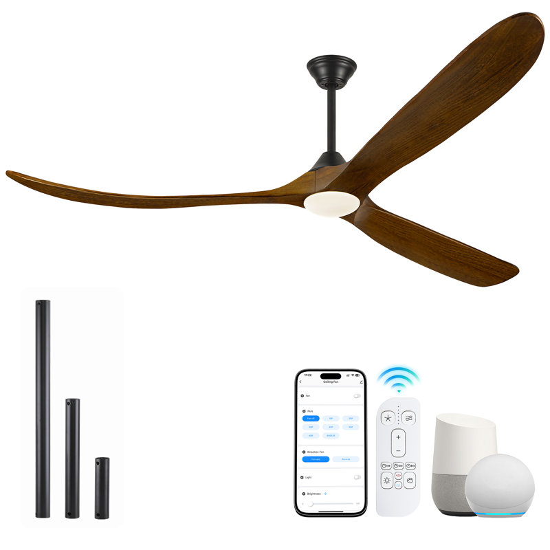 Smart Ceiling Fan With Light And Remote, Remote & App Control, Solid Wood Blades, Reversible Dc Motor, 70" Wide, Walnut