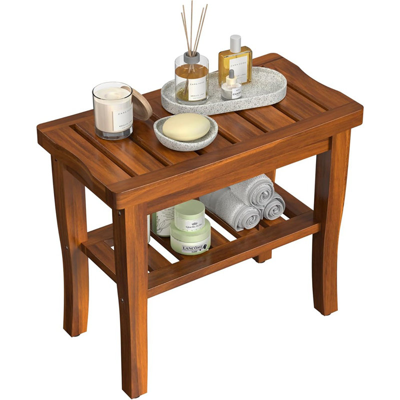 Wood Shower Bench Stool With Storage Shelf, Wooden...