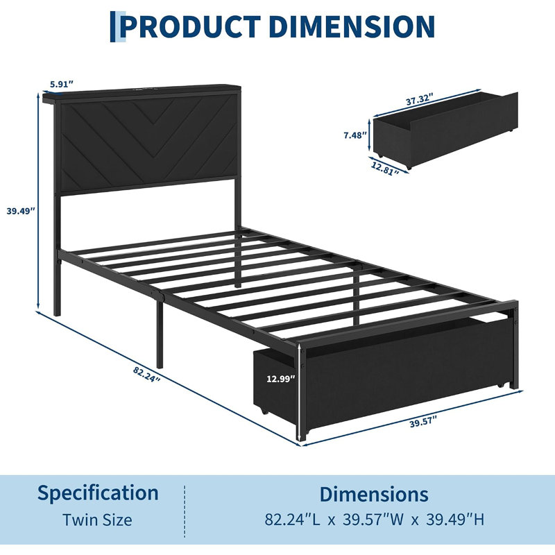 Structure de lit avec 2 tiroirs de rangement et station de charge, tête de lit tapissier en lin doux, aucun sommier requis, assemblage facile