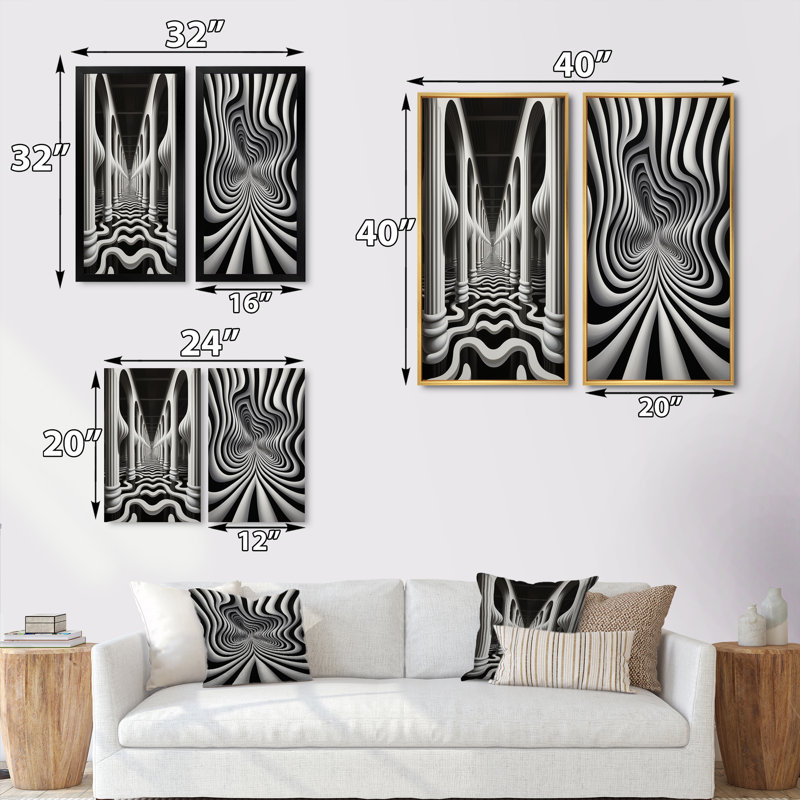 «Black White Optic Art Dream II», 2 pièces, Encadrement doré, H 32 po x l 32 po