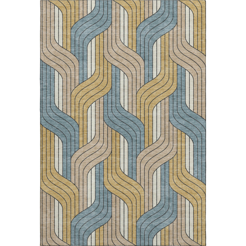 Premium Machine Washable Mayfield AMF2422 Striped Rug, Gold, 10' x 14'