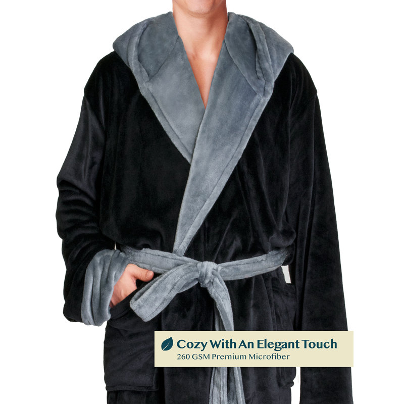 Yasmeli Fleece Mid-Calf Bathrobe with Pockets and Hood, Black/Gray