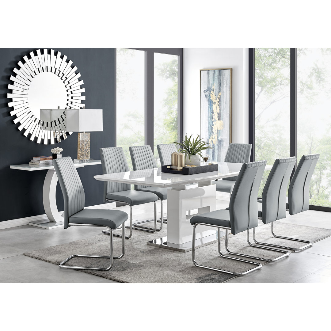 Areza High Gloss Extendable Dining Table Set with 8 Luxury Faux Leather Dining Chairs East Urban Home Chair 