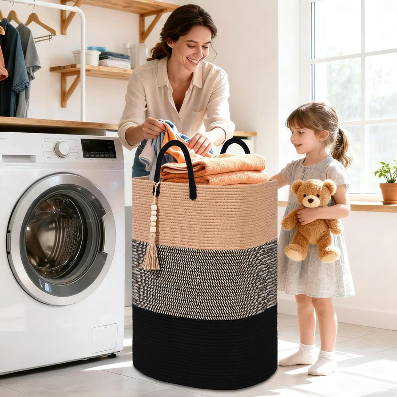 Panier à linge tissé pour paniers à linge rectangulaires avec perles Pampille Panier de rangement pour jouets Panier à linge grand pour l'organisation de la salle de lavage