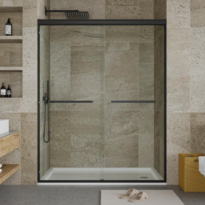 Porte de douche coulissante double semi-sans cadre pour douche à l'italienne, l 56-60 po x H 72 po - Verre trempé de 8 mm (5/16 po) - Revêtement facile à nettoyer - Rail coulissant lisse, noir mat, 72 x 60 po