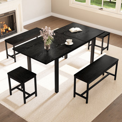  Ensemble de table de salle à manger extensible 5 pièces pour 4 à 6 personnes, table de cuisine 63 pouces avec 2 bancs et 2 tabourets, mobilier de salle à manger moderne peu encombrant, structure en métal facile à assembler