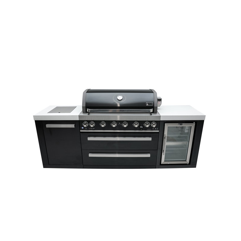 Mont Alpi 6-Burner 115000 BTU Black Stainless Steel Outdoor Kitchen Island BBQ Grill + Refrigerator