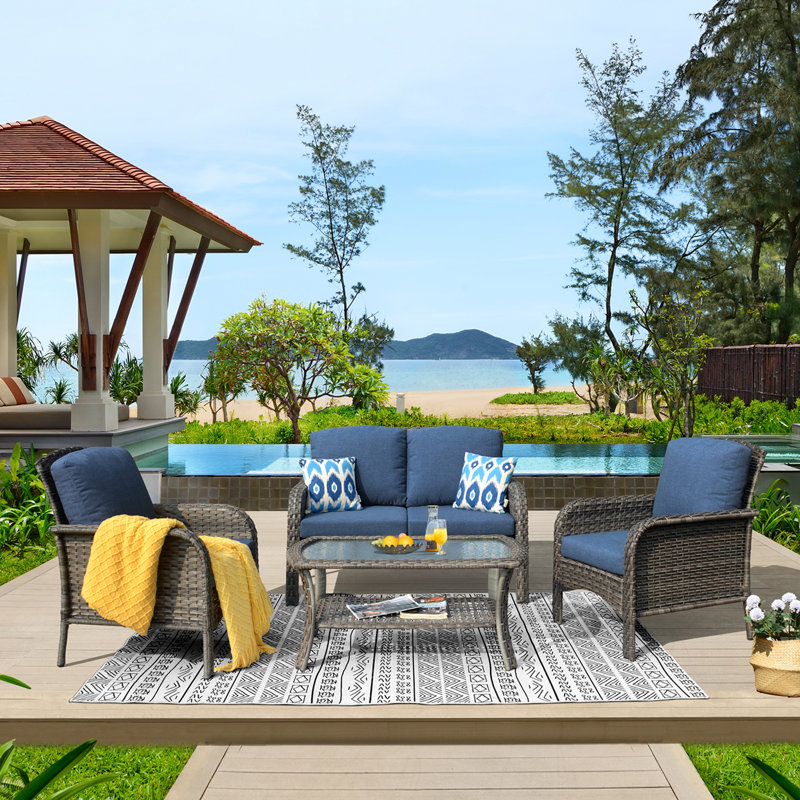 4 Piece Rattan Sofa Seating Group with Cushions, Gray/Denim Blue