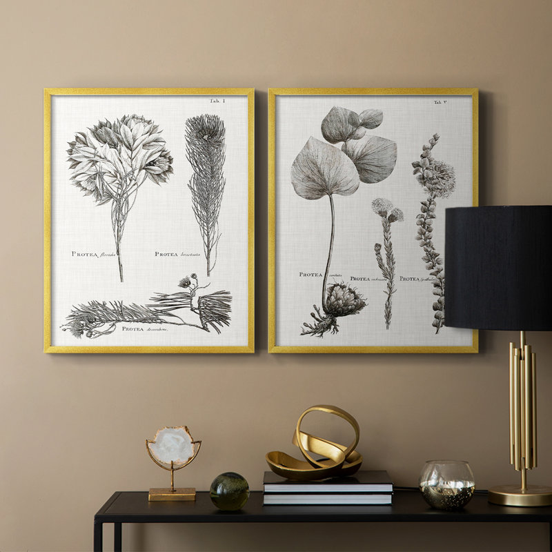 Protea on Linen noir et blanc I - impression encadrée de qualité supérieure - prête à être accrochée - aucun clou requis - aucun clou requis