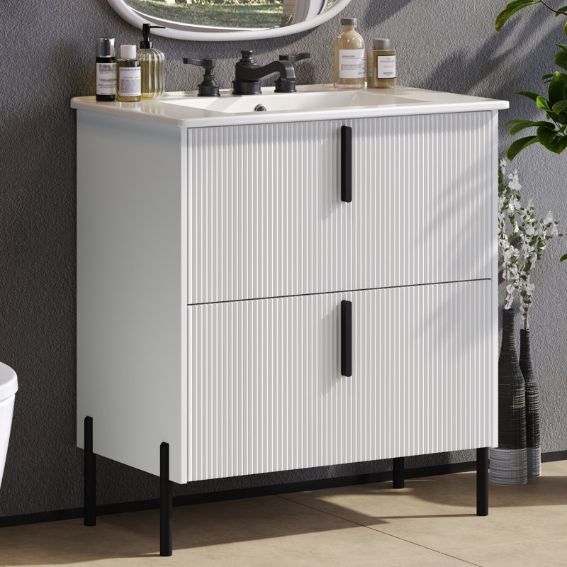 Brinlo 30" Freestanding Bathroom Vanity With Fluted Drawer Fronts And Ceramic Sink, White