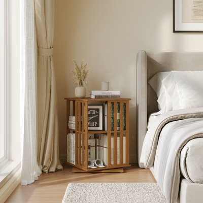Rotating Bookcase Tower, 2 Tier Walnut Bamboo Corner Bookshelf With Display Organizer & Floor Storage Rack, 360°Swivel Narrow Space-Saving Design