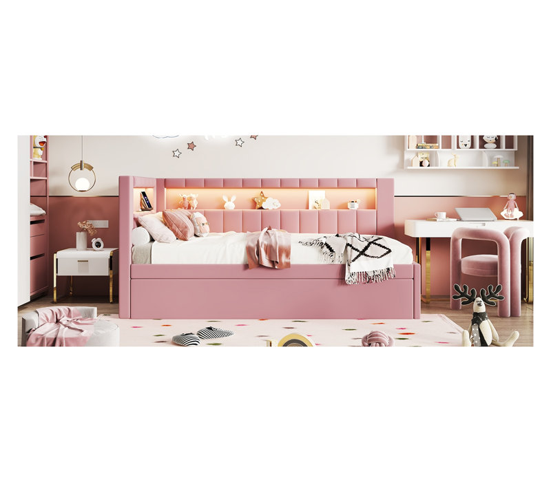 Lit plateforme simple tapissier avec lumières DEL et ports USB - Cadre de lit gigogne rose pour chambre d'enfant