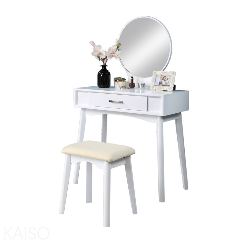 Ensemble de coiffeuse et tabouret contemporain en bois, blanc, White