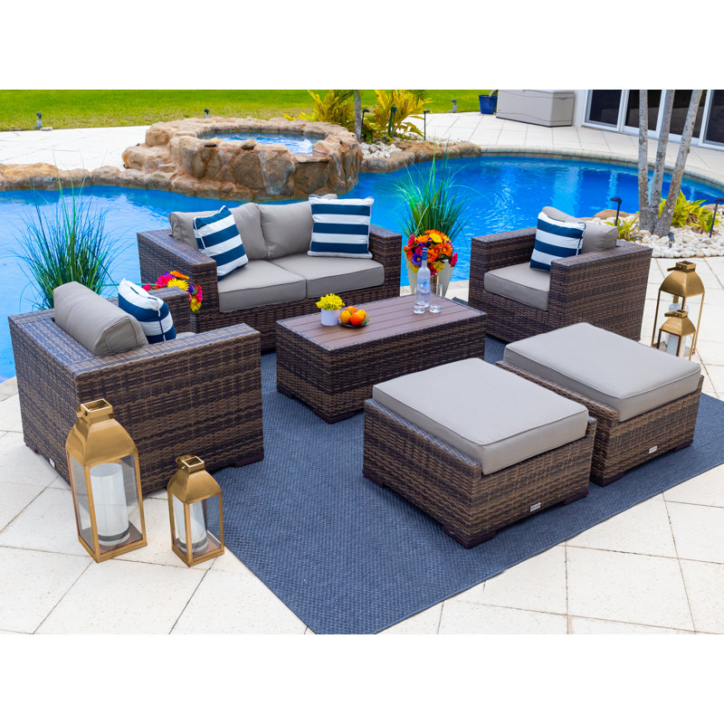 Ensemble de conversation avec canapé en rotin 6 pièces avec coussins Sorrento, Toile Sunbrella® gris argenté