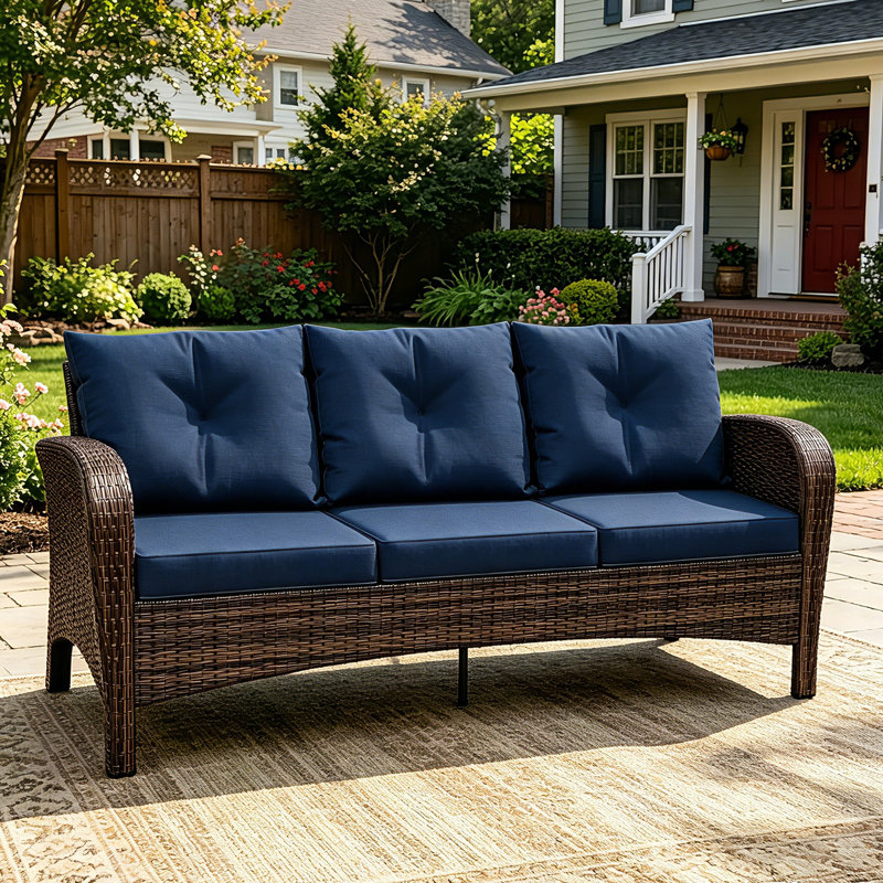 3-person Patio Rattan Sofa With Wide Armrests, Blue