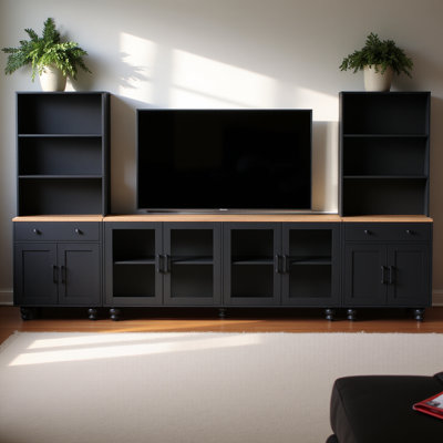 Farmhouse Tv Stand With Solid Wood Gourd-shaped Legs For Tvs Up To 70", Entertainment Center With Bookshelves & Tempered Glass Doors, Media Console With Adjustable Shelves, Living Room, Black