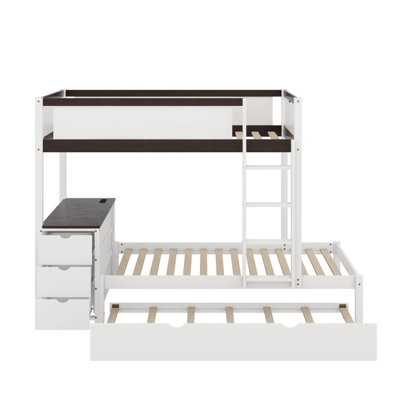 Lit superposé avec lit gigogne et bureau, Lit superposé simple sur simple, Blanc/noyer
