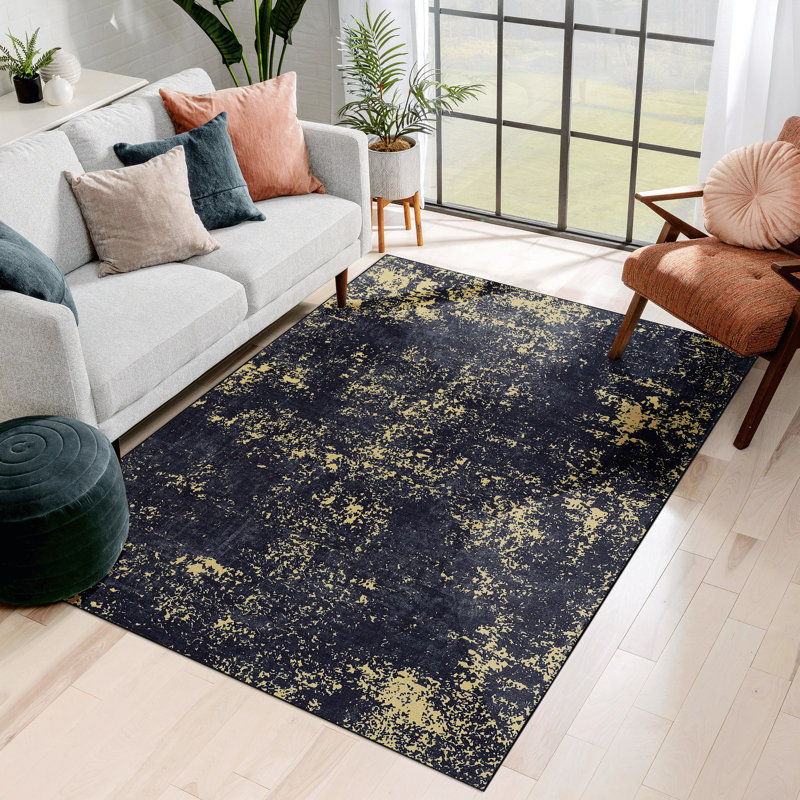 Area Rug, Black Washable Rug (Black+Gold), Rectangle 8' x 10'