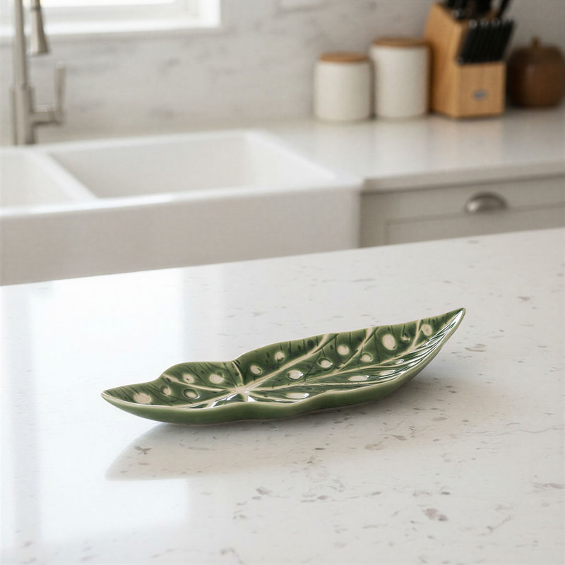 Stoneware Leaf-Shaped Plate With Wax Relief Design