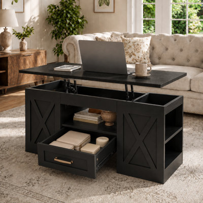Table basse à plateau relevable, grande table basse en bois de ferme de 39,37 po avec tiroir et tablettes de rangement ouvertes, table de salon rectangulaire, table de salon centrale, bureau personnel, brun / noir