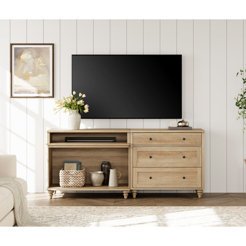 TV Stand For 75 Inch TV, 2-In-1 TV Console Table For 55/65/75 Inch TV, Entertainment Center With Drawer, Oak Wood