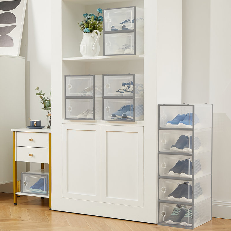 Clear Stackable Shoe Storage Boxes with Lids - Collapsible, Ventilated Plastic Organizer for Closet, Bedroom, Under Bed - Space-Saving Design - 15PCS Grey