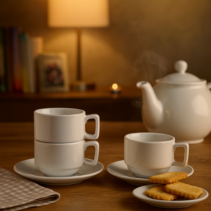 Argon Tableware - Classic White Stacking Teacup & Saucer Set - 200ml - White, Set of 6