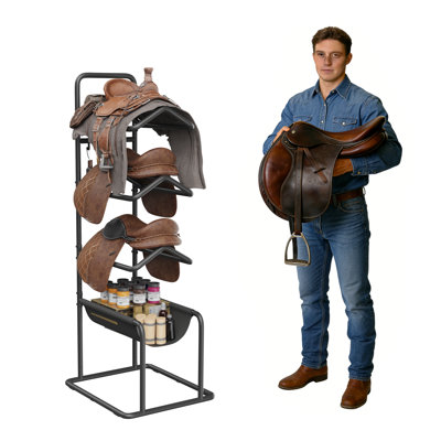 Étagère à selle autoportante à 3 niveaux avec tapis en tissu Oxford, rangement robuste pour cheval et organisateur de couverture avec crochets latéraux pour une pièce stable