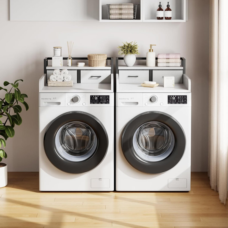 2-Tier Washer Dryer Countertop with Shelf & 2 Drawers, Laundry Topper for Folding & Storage, White