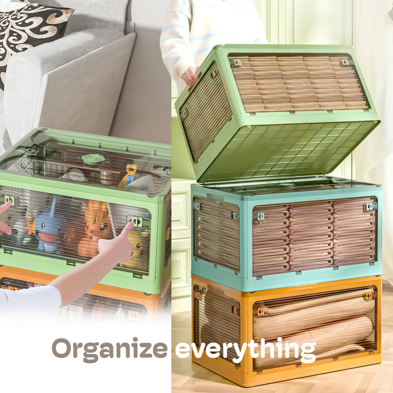 Medium Collapsible Storage Box Bin, 5 Side Clear Open Access Stackable w/ Lid, Wheels, Yellow/Blue/Green
