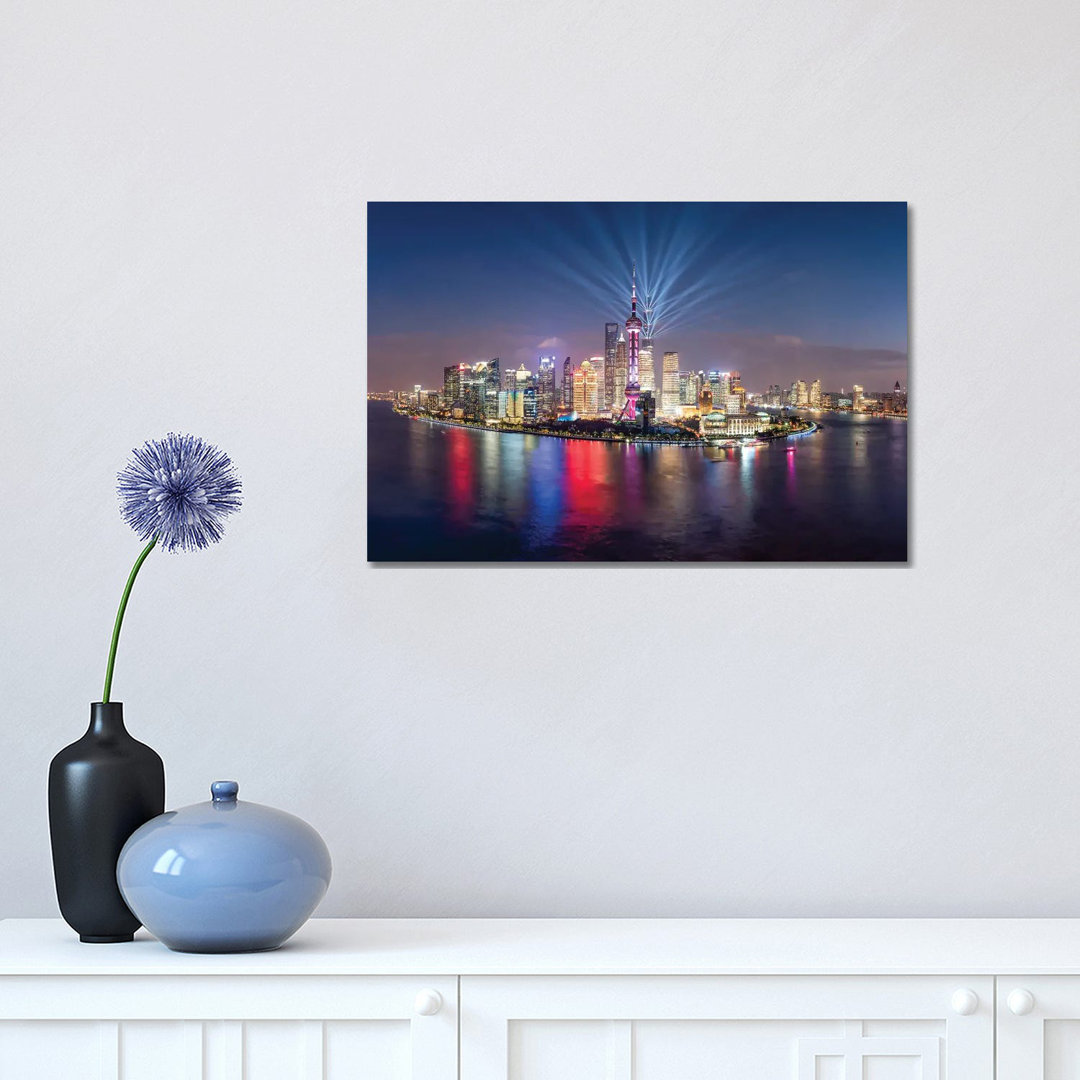Pudong Skyline Lightshow, Shanghai, China by Jan Becke - Wrapped Canvas Print
