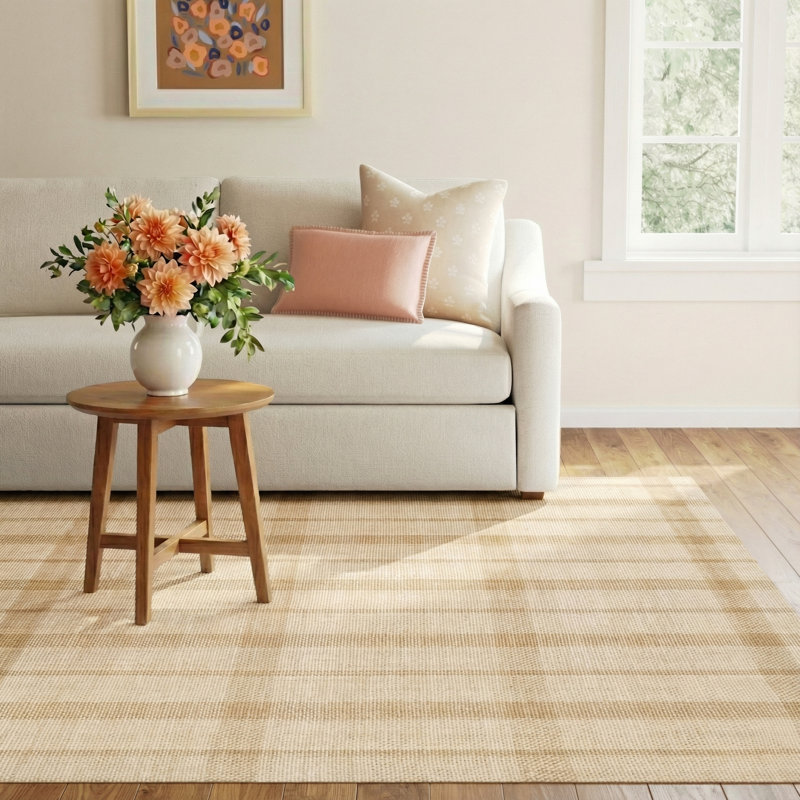 Adella Rectangle Pittsburg Plaid Handmade Flatweave Wool/Viscose Area Rug in Light Brown/Beige, Rectangle 8' x 10'